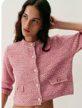 Zara Pink French Sleeve Knit Cardigan with Gold Button Sm Quiet Luxury Classic